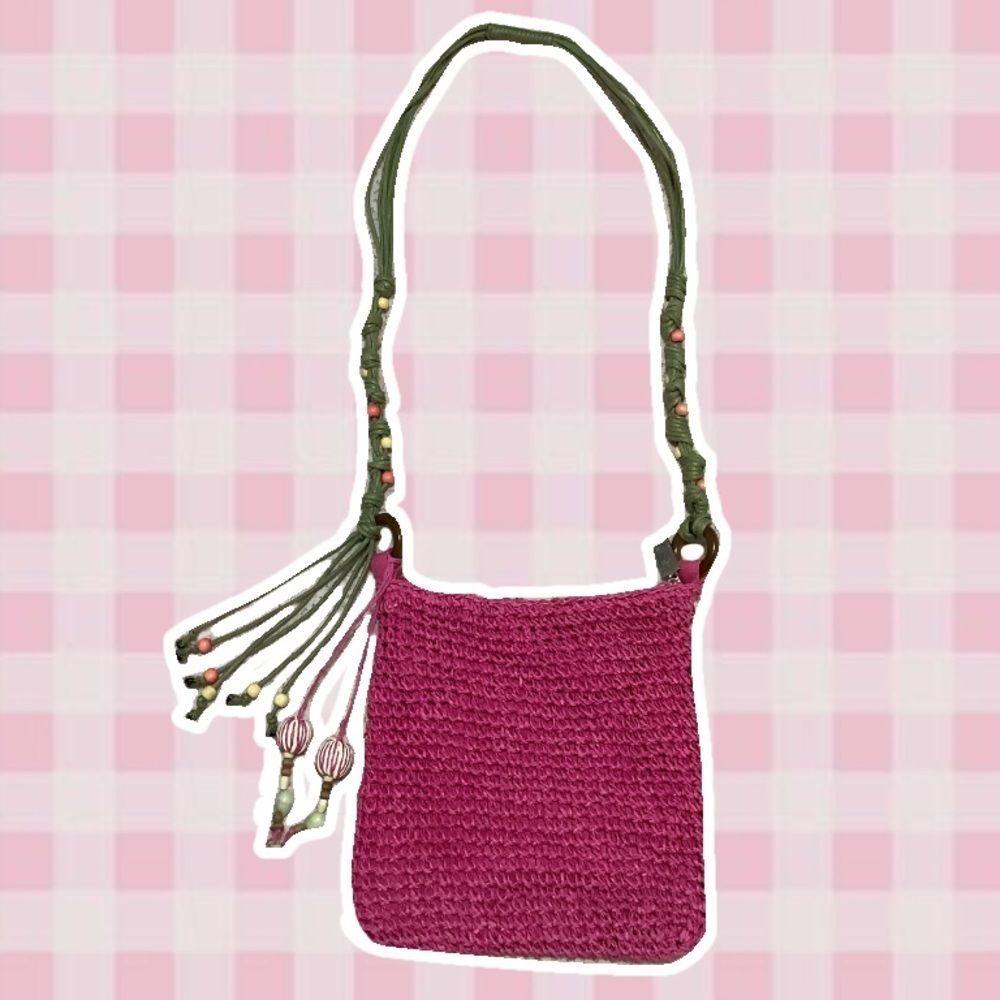 Y2K Pink Crochet Beachy Coconut Girl Woven Boho Shoulder Bag Feminine Summer‎